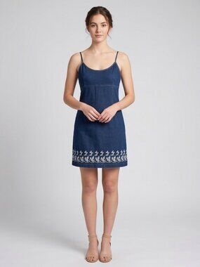Vintage Floral Embroidered Hem Denim Slip Mini Dress, Size 13